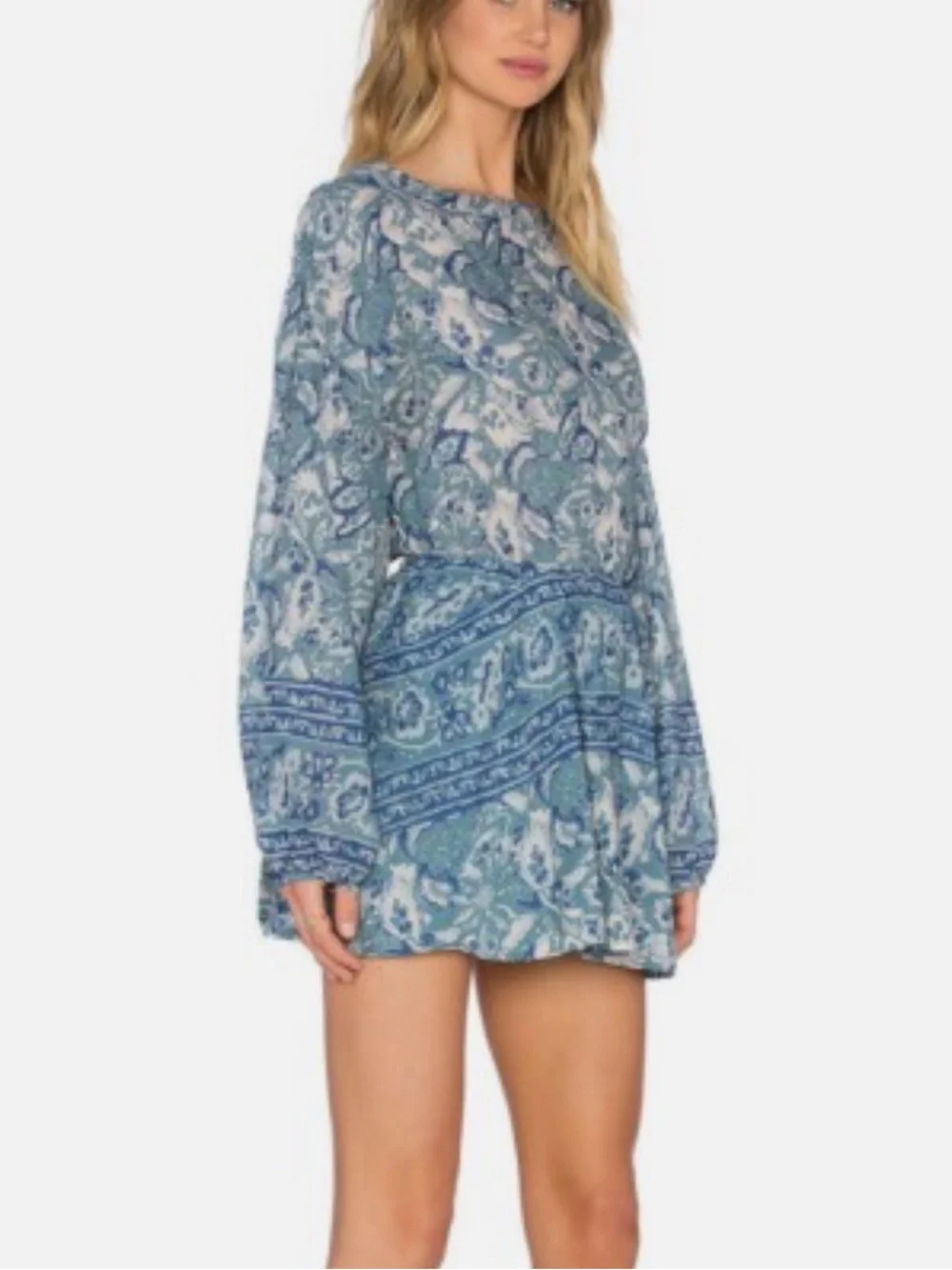 Blue & White Print Free People Dress w Back Cutout